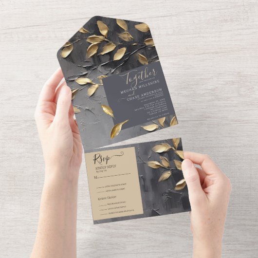 Gold Leaf Impasto Noir All In One Einladung (Abreißen)