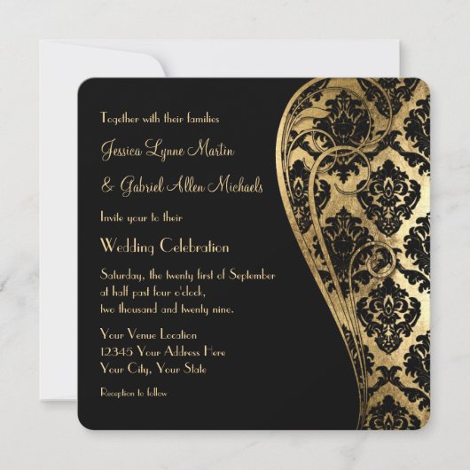 Gold Leaf Look Damask Scroll Formal Hochzeit Einla Einladung (Vorderseite)