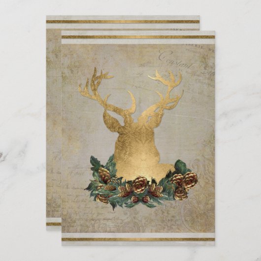 Gold Leaf Look Deer Head Antler Weihnachts-Party Einladung (Vorne/Hinten)