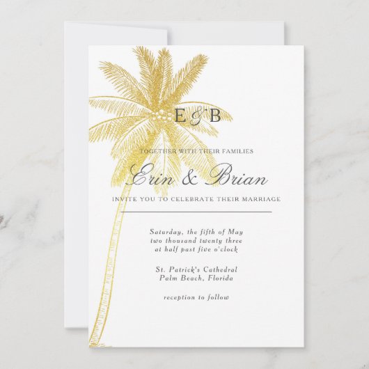 Gold Leaf Palm Tree Tropical Wedding Invitation Einladung (Vorderseite)