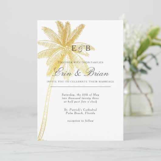 Gold Leaf Palm Tree Tropical Wedding Invitation Einladung (Stehend Vorderseite)