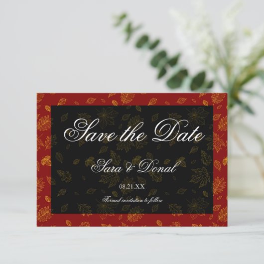 Gold-Leaf-Rot- und Schwarz-Save the Date-Karte Save The Date (Stehend Vorderseite)