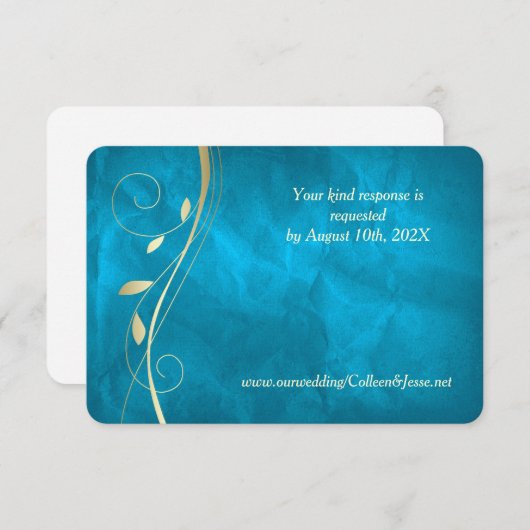 Gold Leaf Swirl Aquamarin Blue Wedding RSVP Card (Vorne/Hinten)