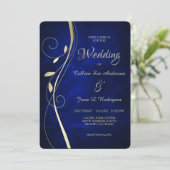 Gold Leaf Swirl Deep Blue Wedding Einladung (Stehend Vorderseite)