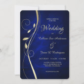 Gold Leaf Swirl Deep Blue Wedding Einladung (Vorderseite)
