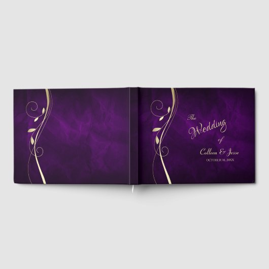 Gold Leaf Swirl Deep Lila Wedding Gästebuch (Voll)