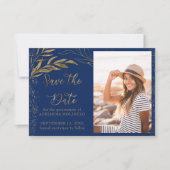 Gold Leaf und Calligraphy Royal Blue Foto Save The Date (Vorderseite)