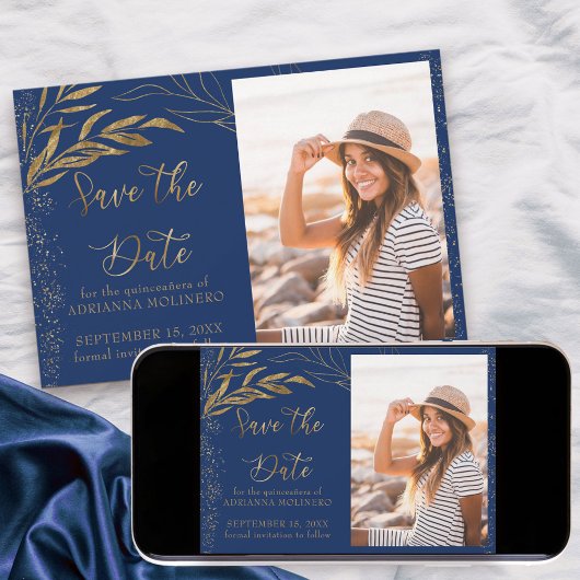 Gold Leaf und Calligraphy Royal Blue Foto Save The Date