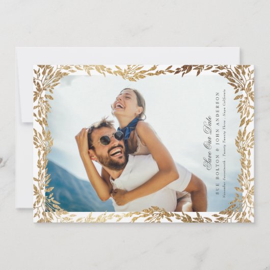 Gold Leaf Woven Frame Foto QR CODE Hochzeit Save The Date (Vorderseite)