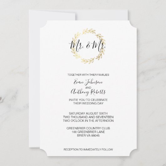 Gold Leaf Wreath & Black and White Script Wedding Einladung (Vorderseite)