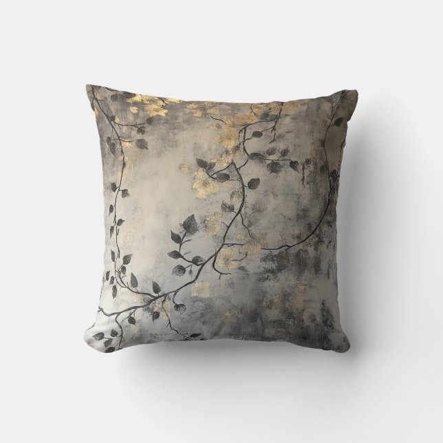 Gold Leaf Zweige auf Grau Kissen (Vorderseite)