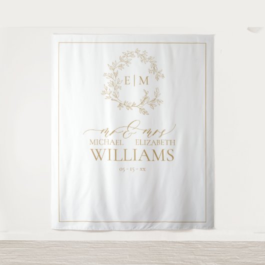 Gold Leafy Wappen Monogram Wedding Foto Wandteppich (Vorderseite)