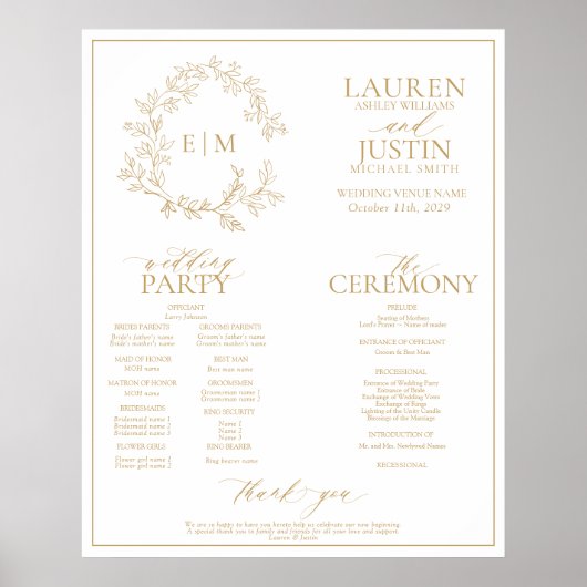 Gold Leafy Wappen Monogram Wedding Program Poster (Vorne)