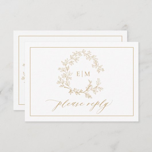 Gold Leafy Wappen Monogram Wedding RSVP Card (Vorne/Hinten)