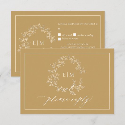 Gold Leafy Wappen Monogram Wedding RSVP Card Karte (Vorne/Hinten)