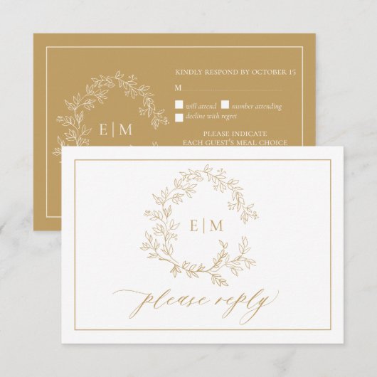 Gold Leafy Wappen Monogram Wedding RSVP Card Karte (Vorne/Hinten)