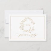 Gold Leafy Wappen Monogram Wedding RSVP Card Karte (Vorderseite)