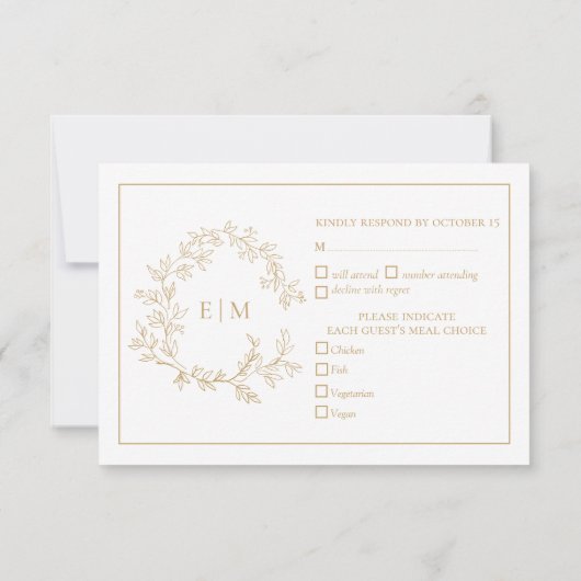 Gold Leafy Wappen Monogram Wedding RSVP Card Karte (Rückseite)
