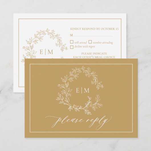Gold Leafy Wappen Monogram Wedding RSVP Card Karte (Vorne/Hinten)