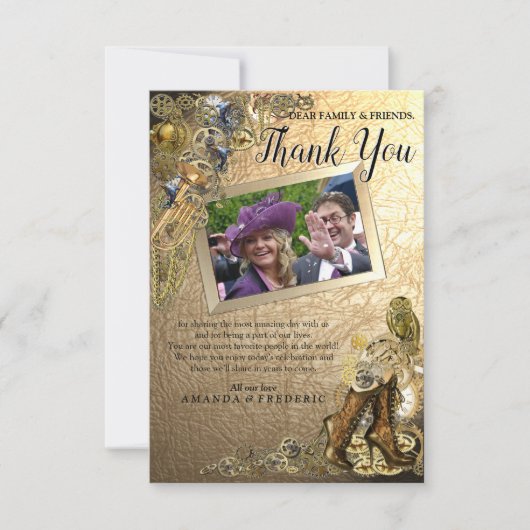 Gold Leather Steampunk Wedding Danke Karte (Vorderseite)