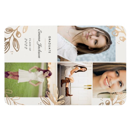 Gold Leaves 4 Photo Grad Announcement Magnet (Horizontal)