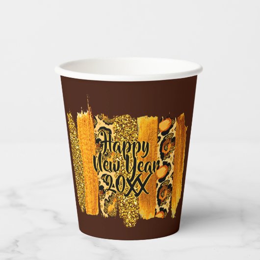Gold & Leopard Brush Happy New Year 20xx Pappbecher (Vorderseite)