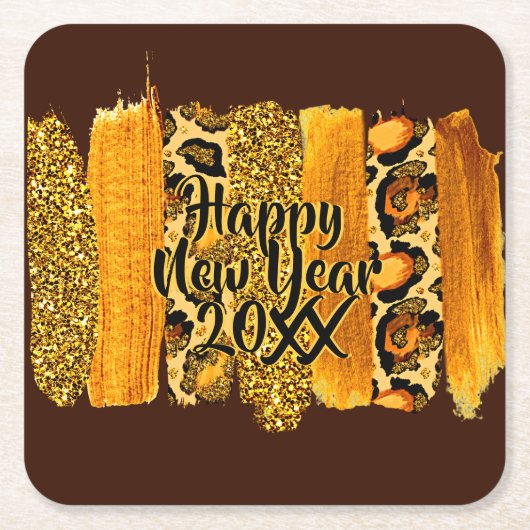 Gold & Leopard Brush Happy New Year 20xx Rechteckiger Pappuntersetzer (Vorderseite)
