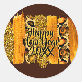 Gold & Leopard Brush Happy New Year 20xx Runder Aufkleber
