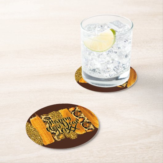 Gold & Leopard Brush Happy New Year 20xx Runder Pappuntersetzer (Vor Ort)