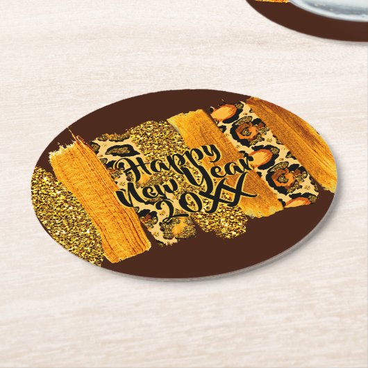 Gold & Leopard Brush Happy New Year 20xx Runder Pappuntersetzer (Angewinkelt)