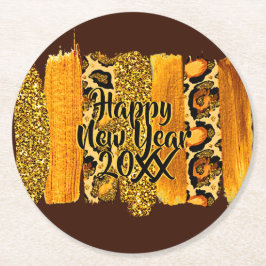 Gold & Leopard Brush Happy New Year 20xx Runder Pappuntersetzer