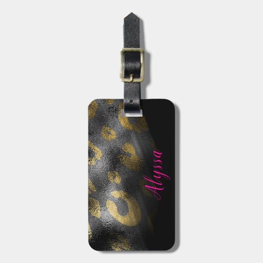 Gold Leopard Cheetah Exotic Print Black Shadows Gepäckanhänger (Vorderseite vertikal)