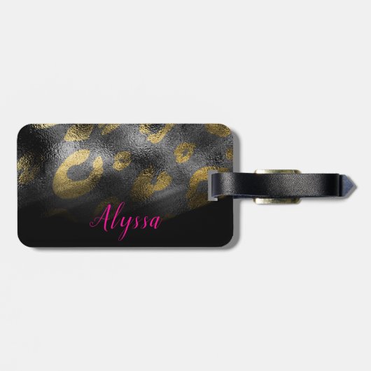 Gold Leopard Cheetah Exotic Print Black Shadows Gepäckanhänger (Rückseite horizontal)