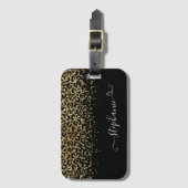 Gold Leopard Glitter Monogram Schwarz Gepäckanhänger (Vorderseite Vertikal)