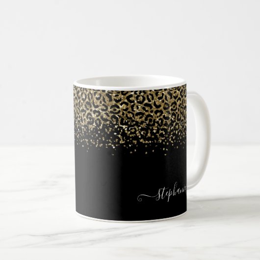 Gold Leopard Glitzer Monogram Black Kaffeetasse (VorderseiteRechts)