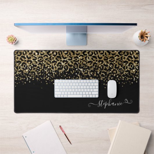 Gold Leopard Glitzer Monogram Black Schreibtischunterlage (Büro 1)