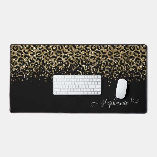 Gold Leopard Glitzer Monogram Black Schreibtischunterlage (Tastatur & Maus)