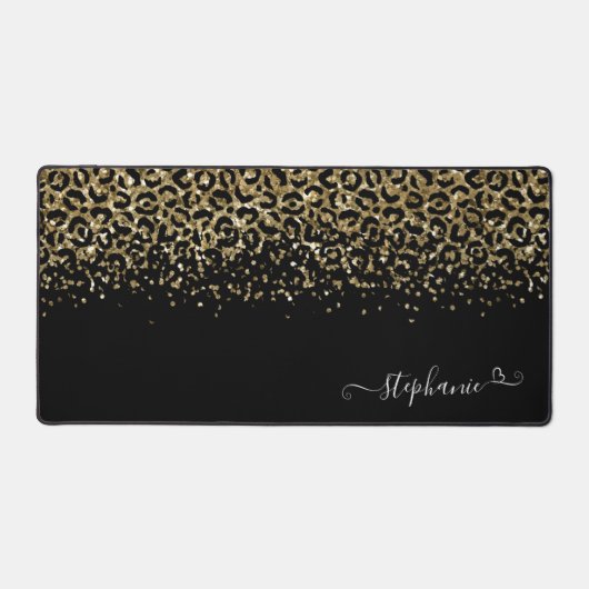 Gold Leopard Glitzer Monogram Black Schreibtischunterlage (Vorderseite)
