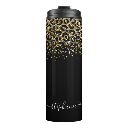 Gold Leopard Glitzer Monogram Black Thermosbecher (Vorderseite)