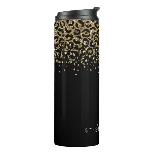 Gold Leopard Glitzer Monogram Black Thermosbecher (Nach links gedreht)