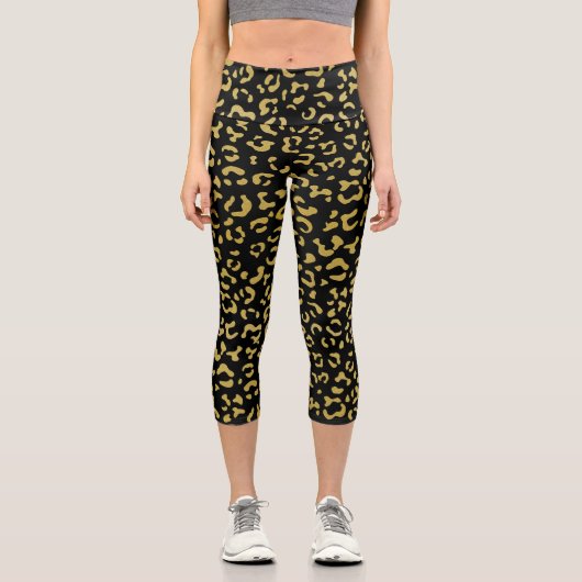 Gold Leopard, Gold Glitzer, Leopard Muster Capri Leggings (Vorderseite)