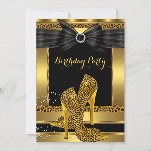 Gold Leopard High Heel Shoe Black Birthday Party 2 Einladung (Vorderseite)