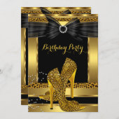 Gold Leopard High Heel Shoe Black Birthday Party 2 Einladung (Vorne/Hinten)