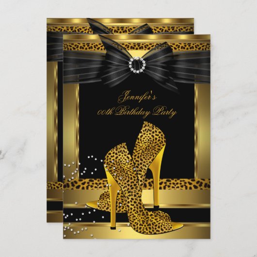 Gold Leopard High Heel Shoe Black Birthday Party Einladung (Vorne/Hinten)
