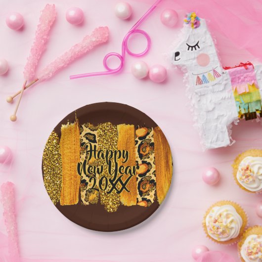 Gold & Leopard Pinselstriche Happy New Year 20xx 7 Pappteller (Party)