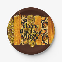 Gold & Leopard Pinselstriche Happy New Year 20xx 7 Pappteller