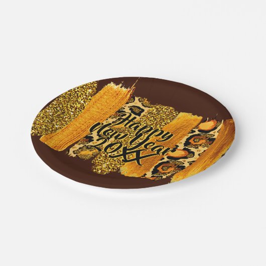 Gold & Leopard Pinselstriche Happy New Year 20xx 7 Pappteller (Schrägansicht)