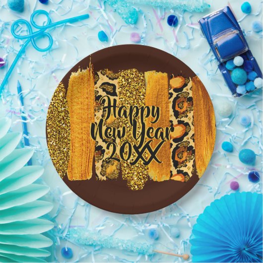 Gold & Leopard Pinselstriche Happy New Year 20xx 9 Pappteller (Party)