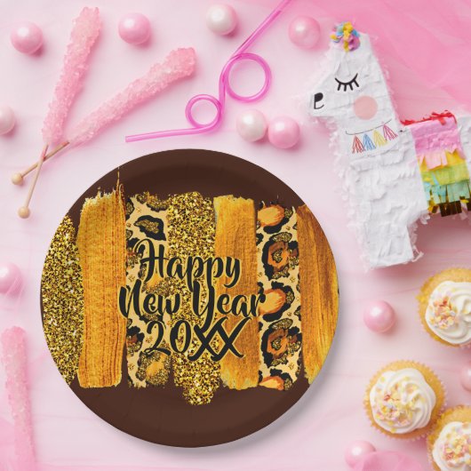 Gold & Leopard Pinselstriche Happy New Year 20xx 9 Pappteller (Party)