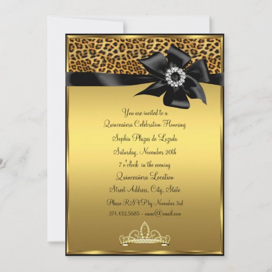 Gold Leopard Print Bow Foto Quinceanera Einladung (Rückseite)